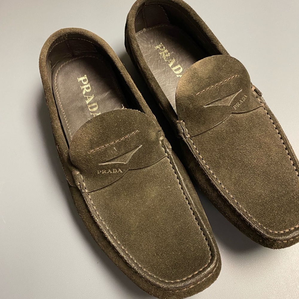 PRADA dark brown suede driving shoe.